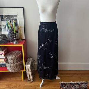 Vintage Navy Silk Floral Print Midi Skirt